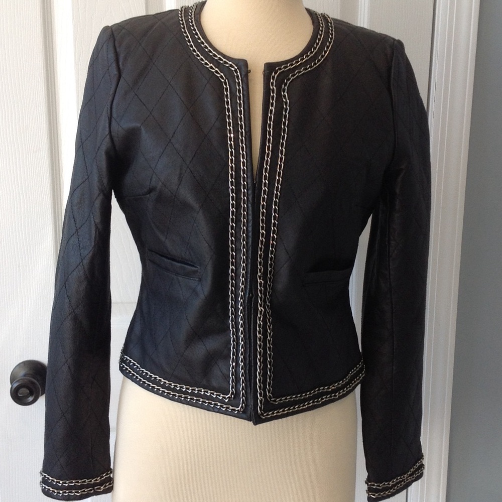 Genuine Leather Quilted Chain Trim Jacket